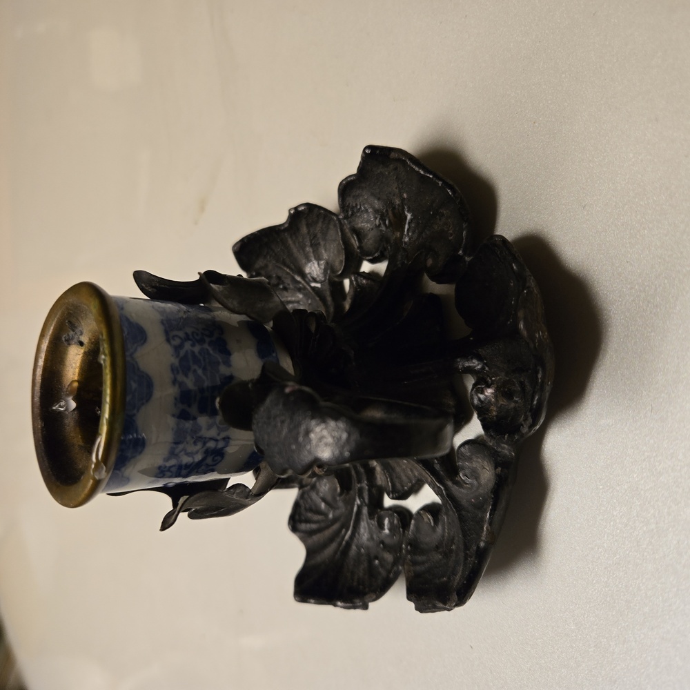 Antique Blue & White Porcelain Cast Iron Candle Holder - Picture 2 of 6